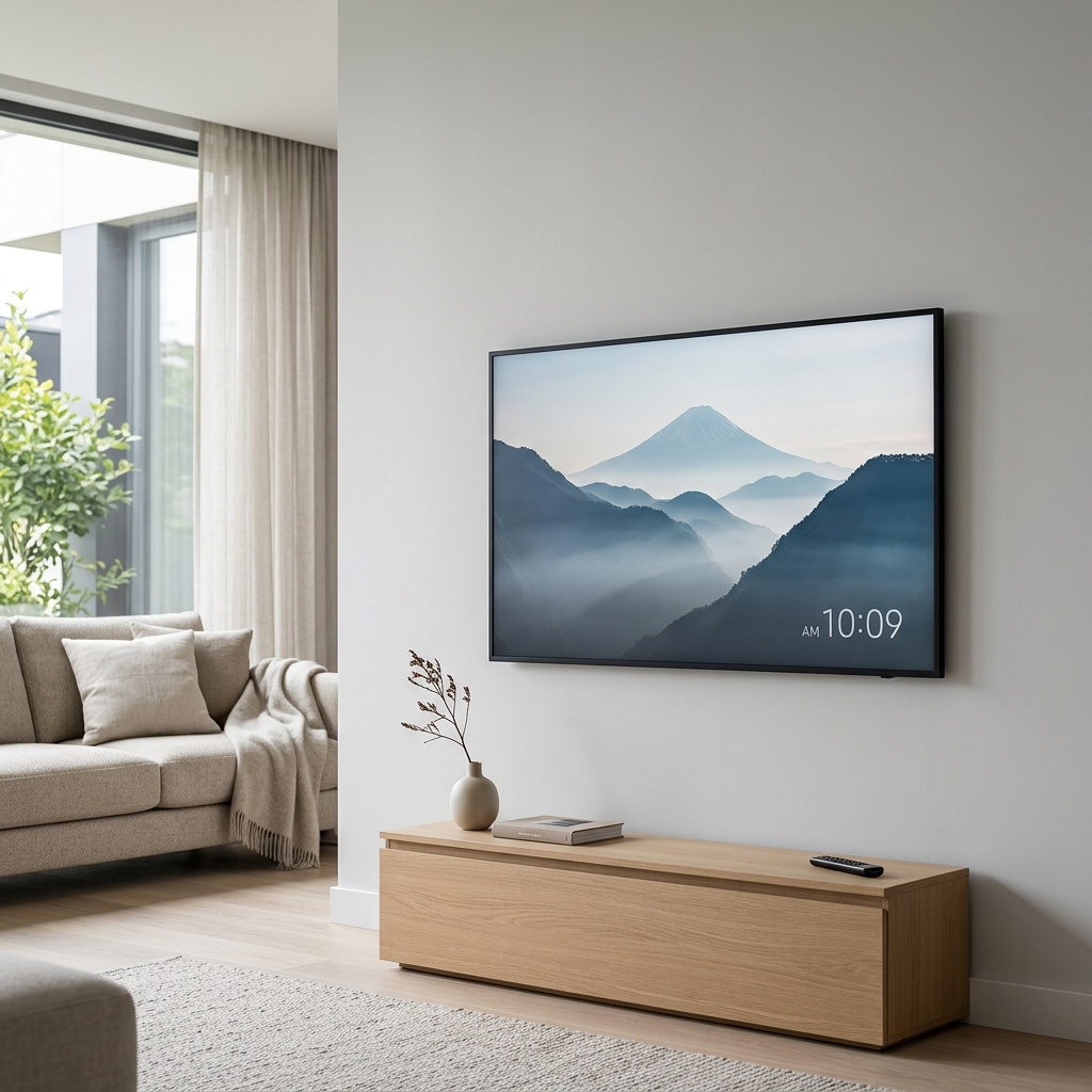 Neatly mounted bedroom television with tidy cables