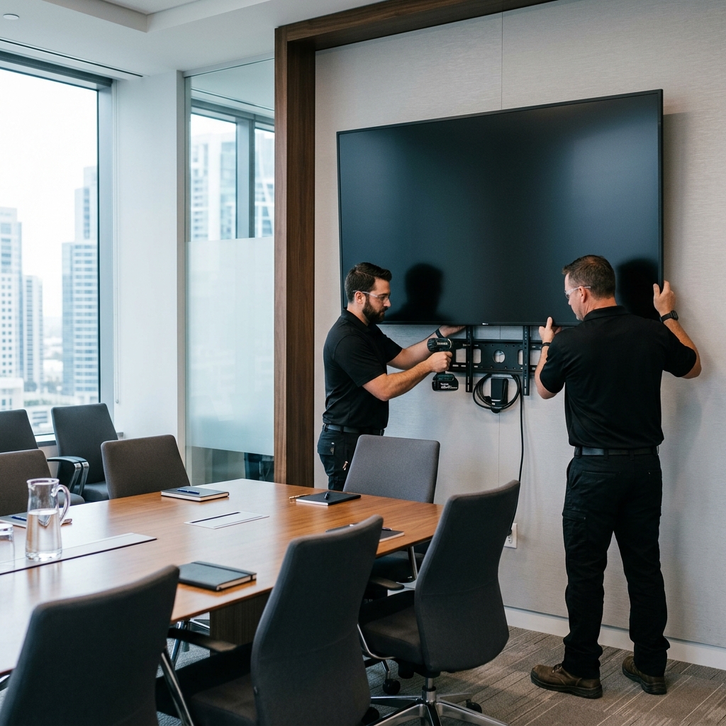 Display screens mounted in an office or business