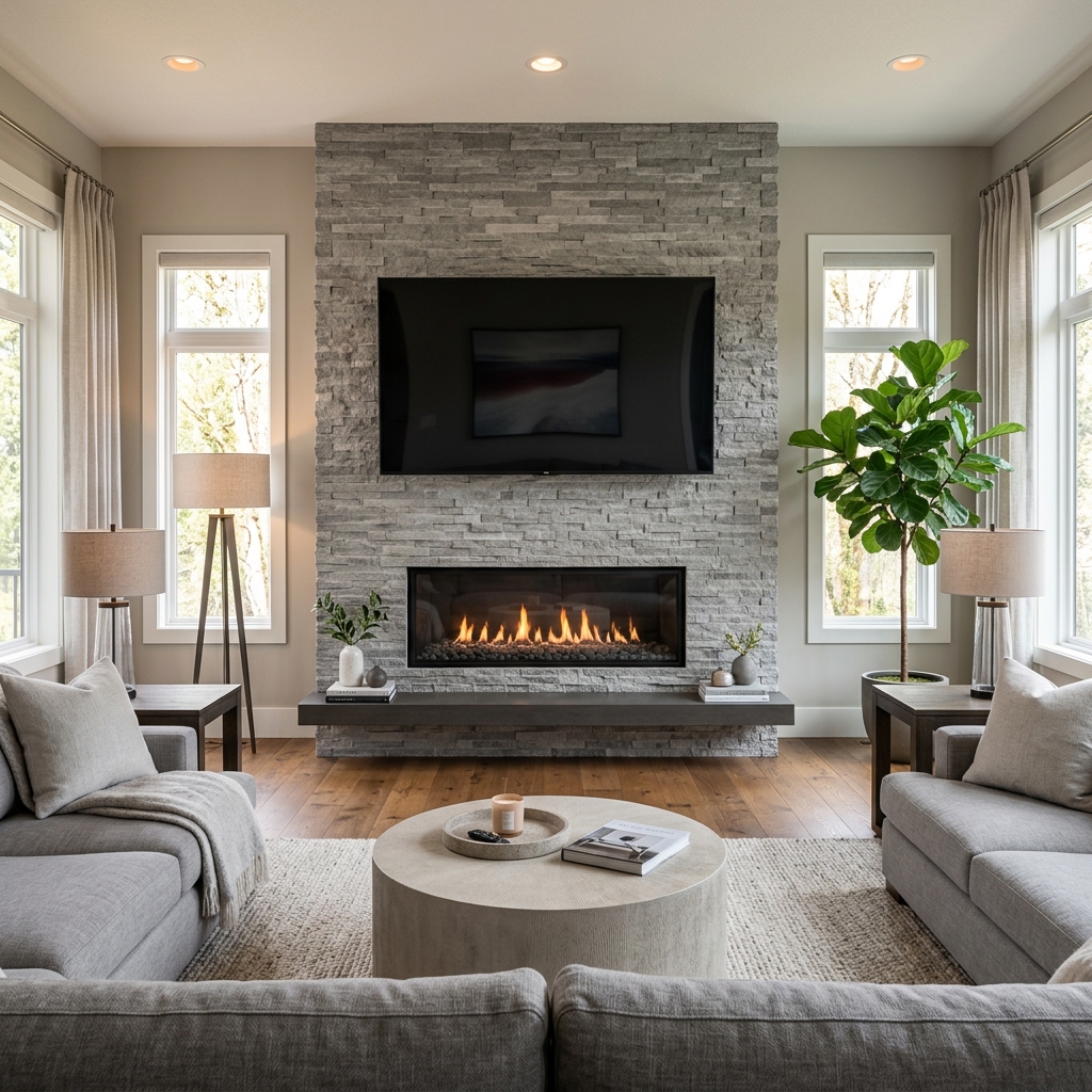 Television mounted on the wall above a fireplace