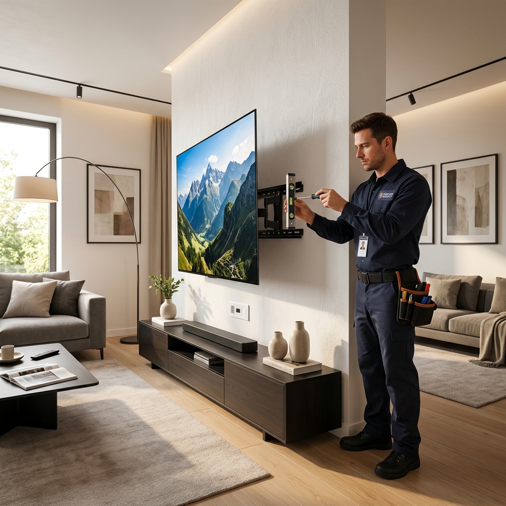 Television mounted on a living room wall
