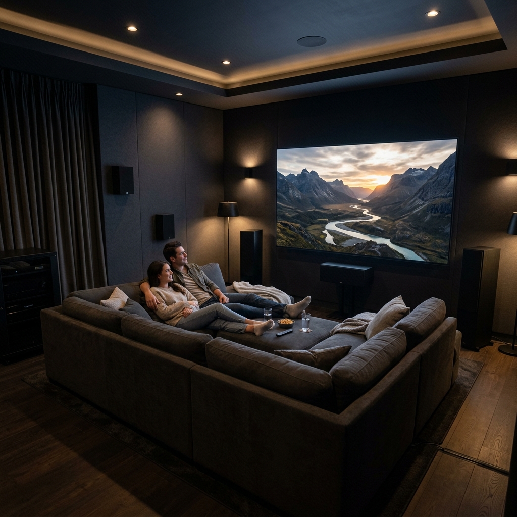 Wall-mounted television in a home theater room